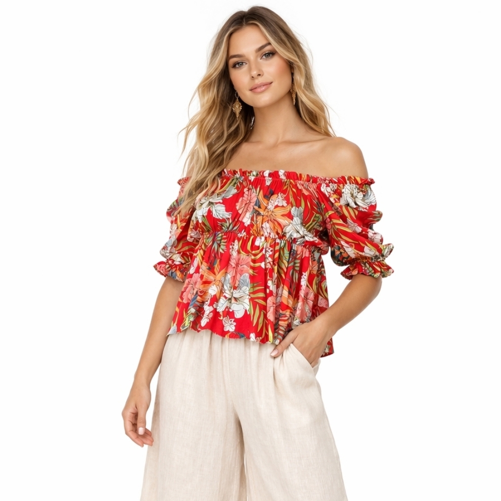 Made In Italy Tropical Botanical Bardot Peplum Off Shoulde Blouse size small Red